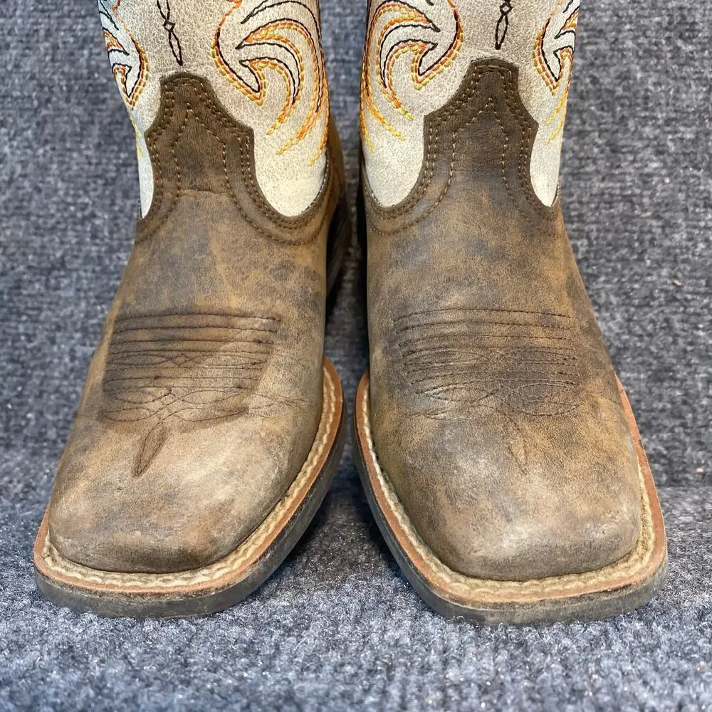 Ariat Youth Western Cowboy Boots Brown Leather Square Toe Big Kids Shoes Size 1